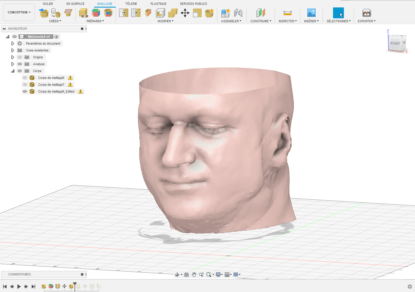 On va ensuite nettoyer les quelques imperfections qui restent, notamment autour des oreilles, en supprimant tous les triangles des excroissances via “Modifier” / “Modification directe”, puis la sélection des faces à supprimer, puis “Supprimer”.